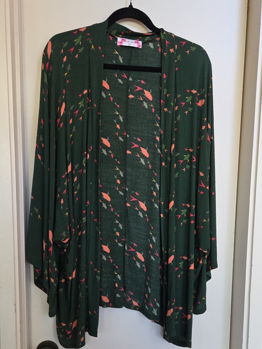 Ava Sky Fighting Eel Dark Green Origami Fish-Print Open Front Kimono; One Size